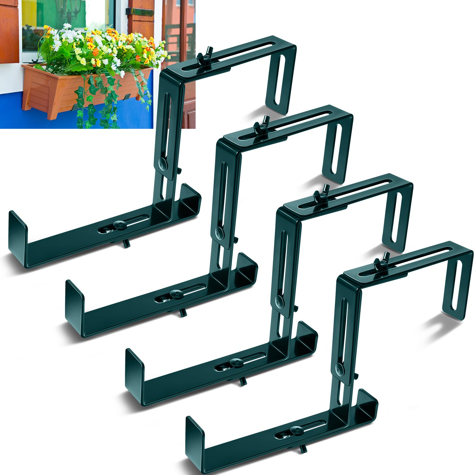Photo 1 of Leinuosen 4 Pcs Window Boxes Brackets Adjustable Planter Box Bracket Heavy Duty Deck Railing Hanging Flower Stand for Windowsill Garden Fence Balcony (Green)