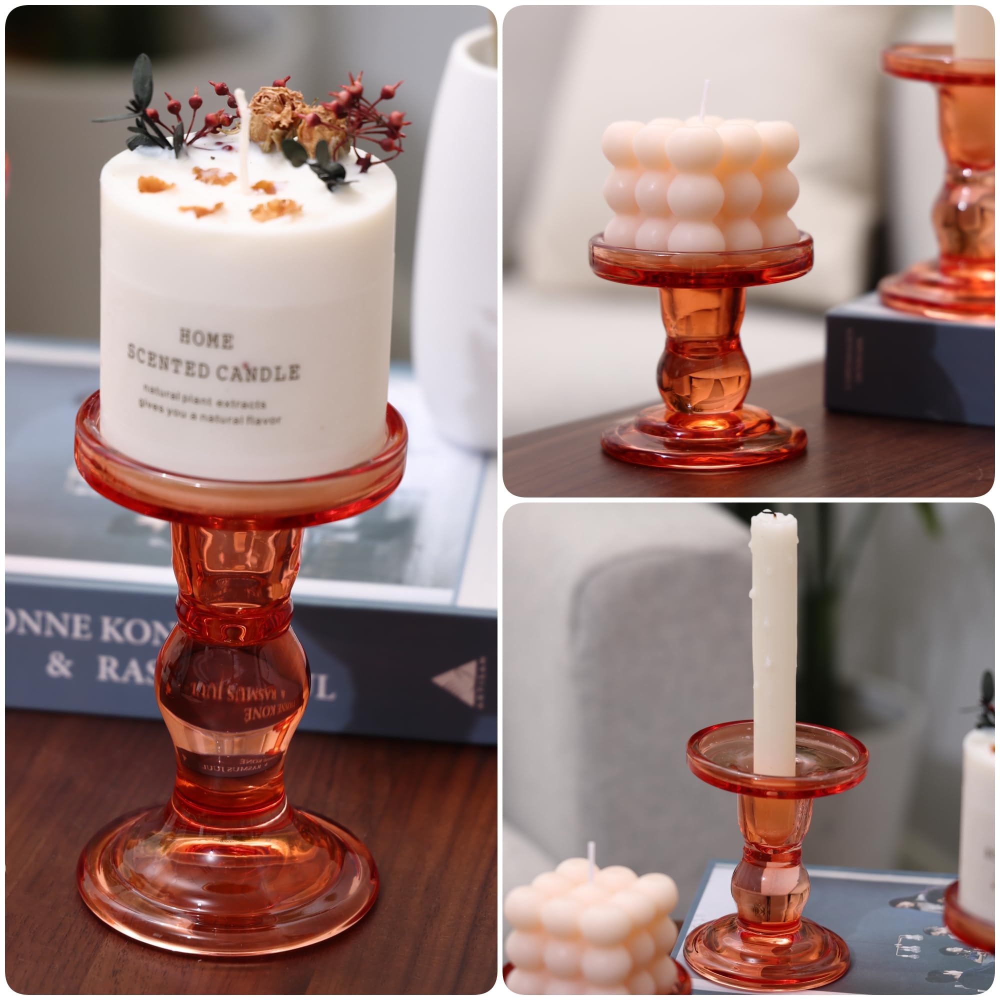 Orange Glass Candle Holder Set, QENUIITEA Set of 3 Clear Candlesticks Holders Pillar Taper Candles Tea Light Stand for Centerpieces Church Wedding Party Home Decor Dining Table