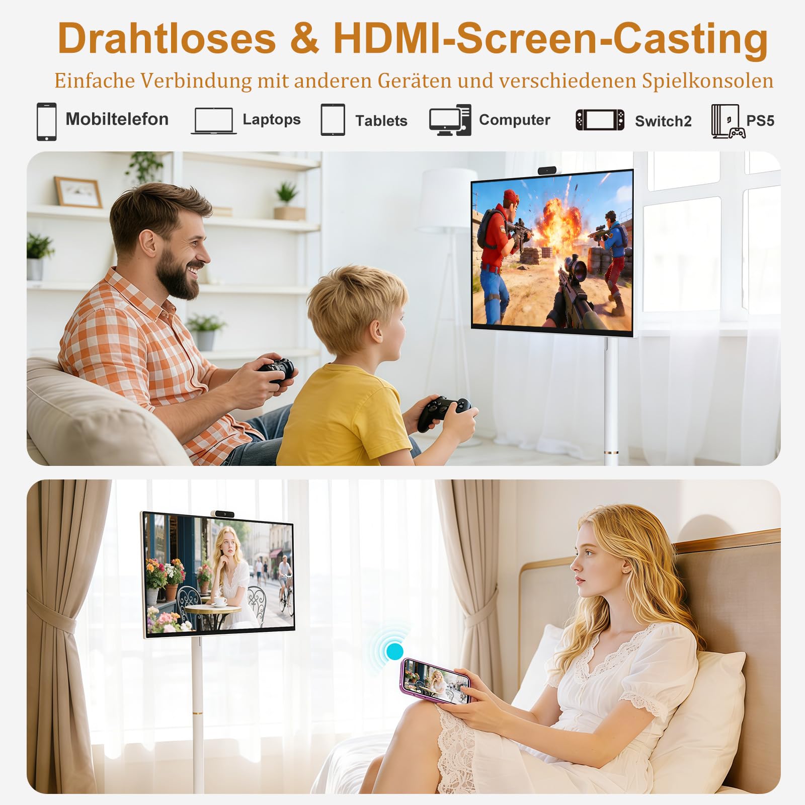 Dornium 32 Zoll 4K Smart Portable TV | Touchscreen-Monitor auf Rädern | EDLA-Zertifiziert & Android 14 | 8+128 GB Speicher | 10,000 mAh Akku | 90°Rotation | Abnehmbare Kamera 7