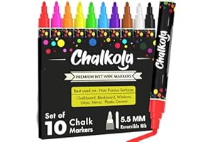 Chalkola Chalk Markers for Blackboard, Chalkboard, Window, Bistro, Car Glass, Board, Wall Calendar (10 Pack, 6mm Reversible Tip) - Wet Wipe Erasable Liquid Chalk Pens | Chalkboard Markers Erasable
