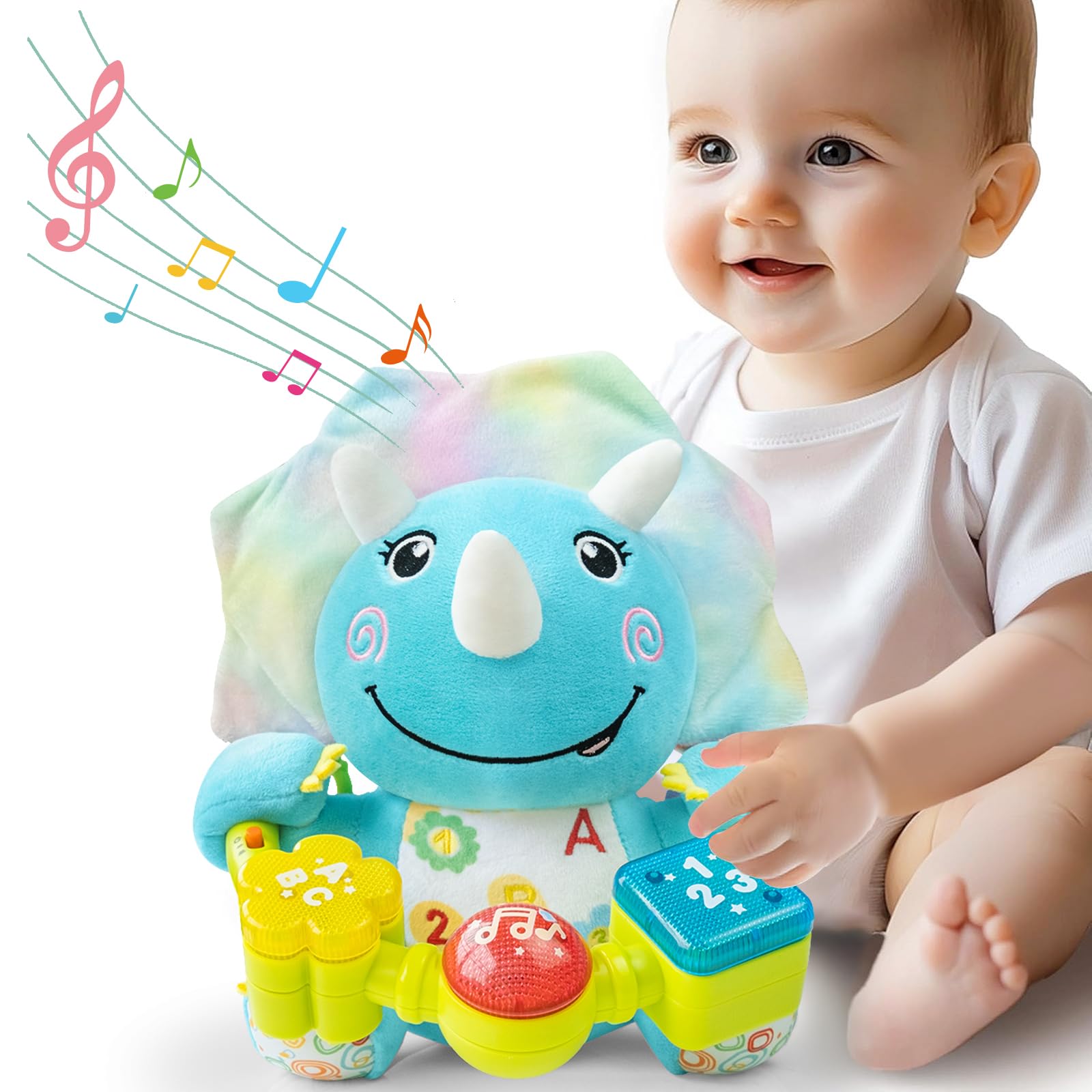 Ryotagift Baby Bilingual Musical Dinosaur Stuffed Animals Toys,Infant Early Learning Toy with Light-Up Music & Crinkle,Tummy Time Toys for 0 3 6 9 12+ Months for Baby Boy Girl Gift Image