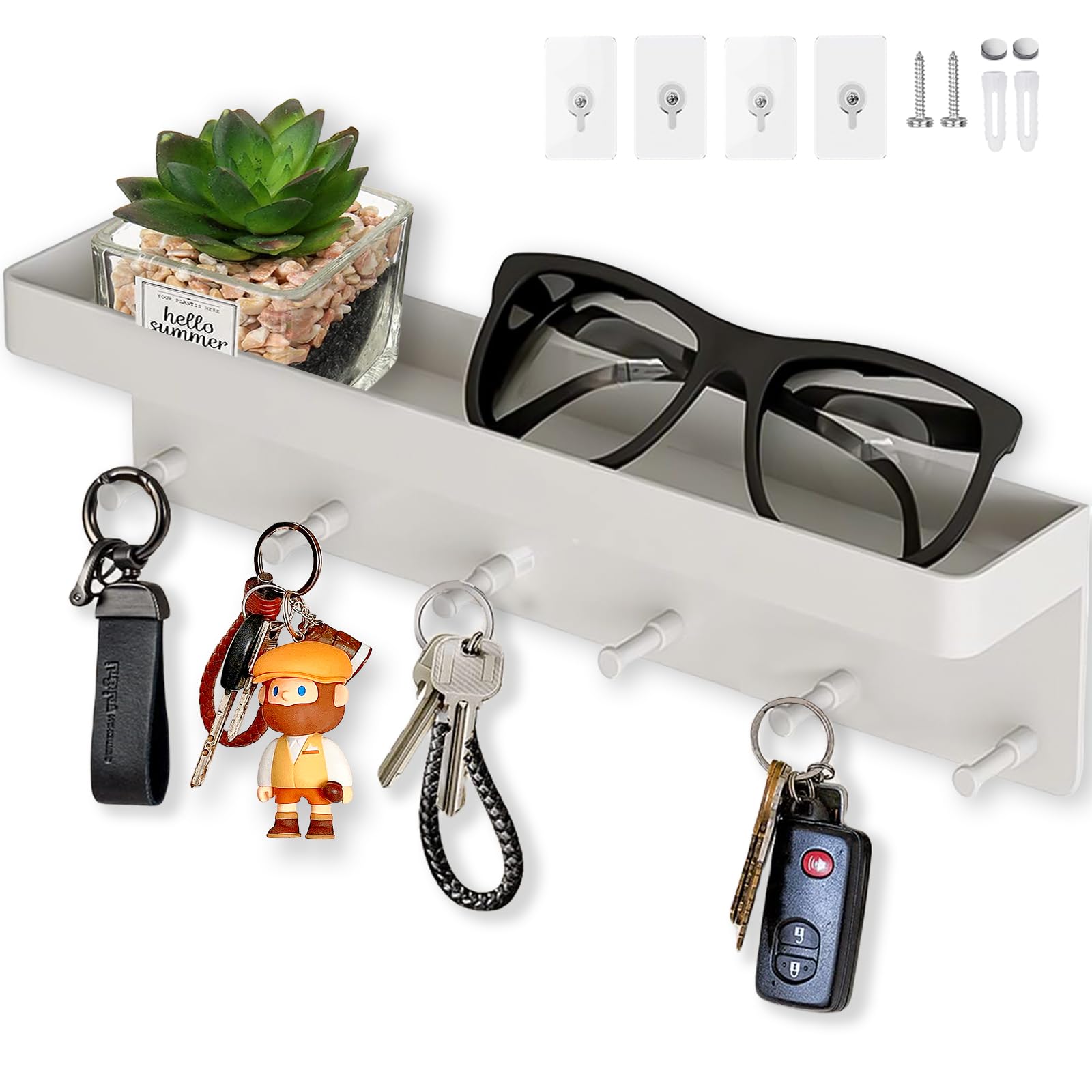 Echehi 6 Hooks Key Holder for Wall, 2 Ways Easy to Install Key and Mail Holder，Key Hooks Wall Mounted for Entrance Area, Hallway, Office. White