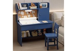 RUPOLX Wooden Blue Kids Study Desk and Chair Set with Light, Paper Roll Dispenser and 2 Drawers, Children Desk with 3 Open Hutch and Shelves, Girls Study Desk for Kids Bedroom-002