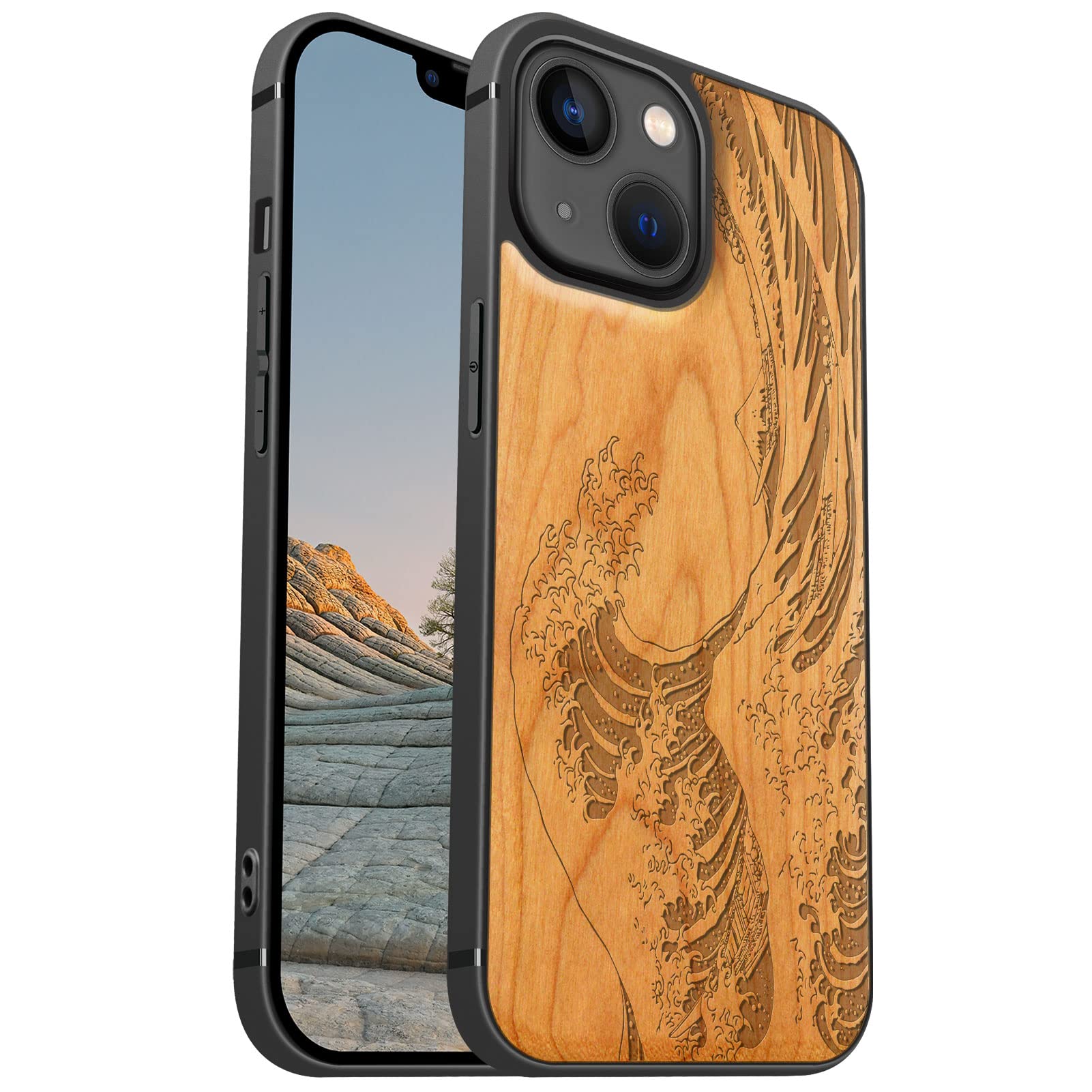 Carveit Magnetic Wood Case for iPhone 13 Mini Case [Hard Real Wood & Soft TPU] Shockproof Protective Cover Wooden Design Bumper Case Compatible with MagSafe (Wave Kanagawa-Cherry)