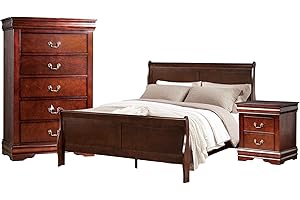 BENZARA Benjara POY Three Piece Full Size Bedroom Set, Metal Hanging Pulls, Wood, Dark Cherry Brown