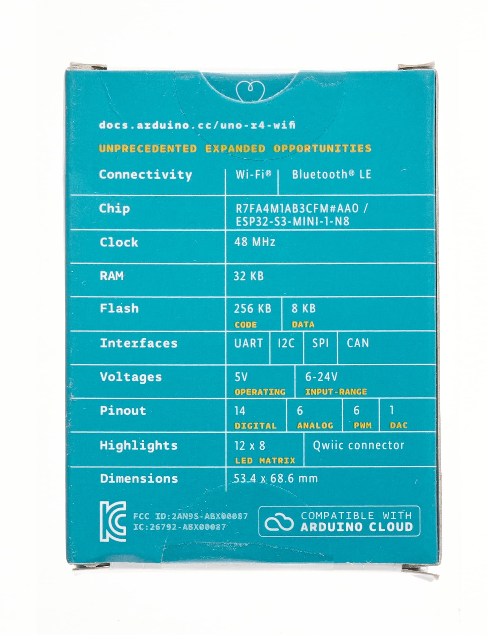 Arduino UNO R4 WiFi [ABX00087] – Renesas RA4M1 + ESP32-S3, Wi-Fi, Bluetooth, USB-C, CAN, 12-bit DAC, OP AMP, Qwiic Connector, 12x8 LED Matrix for Advanced IoT & Embedded Projects