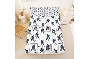 Ice Hockey Bed Sheet Set Full Kids Sports Event Bedding Set Hockey Player Fitted Sheet for Boys Bedroom Decor Soft Winter Spo