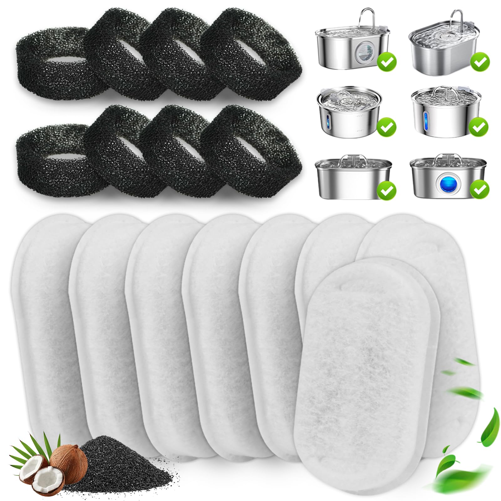 Automatic Cat Water Fountain with 16-Pack Replacement Filters & Pump Sponges – Fresh Hydration for Cats and Dogs, Multi-Pet Household Friendly, Activated Carbon & Resin Triple Filtration System