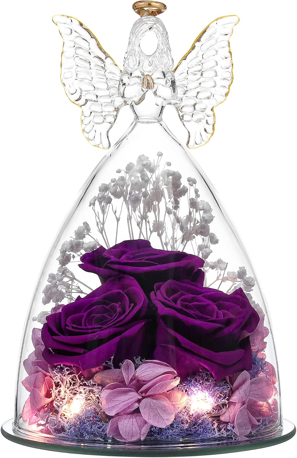 Dried & Preserved Flora - Tiaronics Mothers Day Flower Gifts Glass Angel Figurine with Three Roses Gifts, Preserved Forever Real Rose Gifts for Women, Angel Guardian with Rose for Valentine Day Mothers Day - Purple
