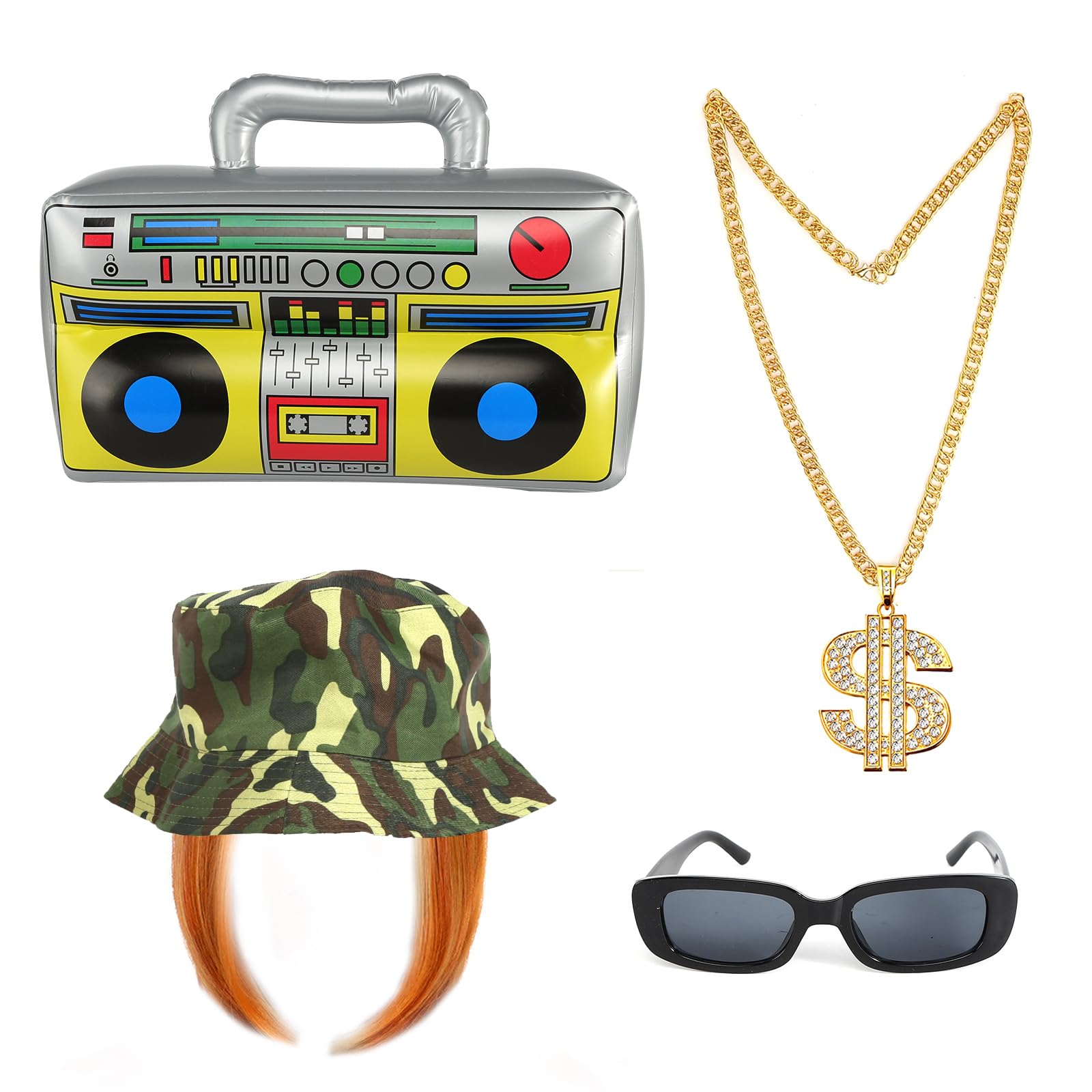 FASBET Kevin Ginger Wig Fancy Dress 80s 90s Hip Hop Costume Kit Ginger Wig, Bucket Hat, Boom Box, Gold Chain, Glasses, Rapper Fancy Dress Wigs Hip Hop Wigs 90s Rave