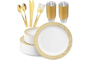 JOLLY CHEF 150 Count Gold Dinnerware Set, Elegant Plastic Plates Disposable Include: 25 Gold Lace Plastic Plates, 25 Dessert Plates, 25 Forks, 25 Knives, 25 Spoons, 25 Cup, Ideal for Party, Birthday