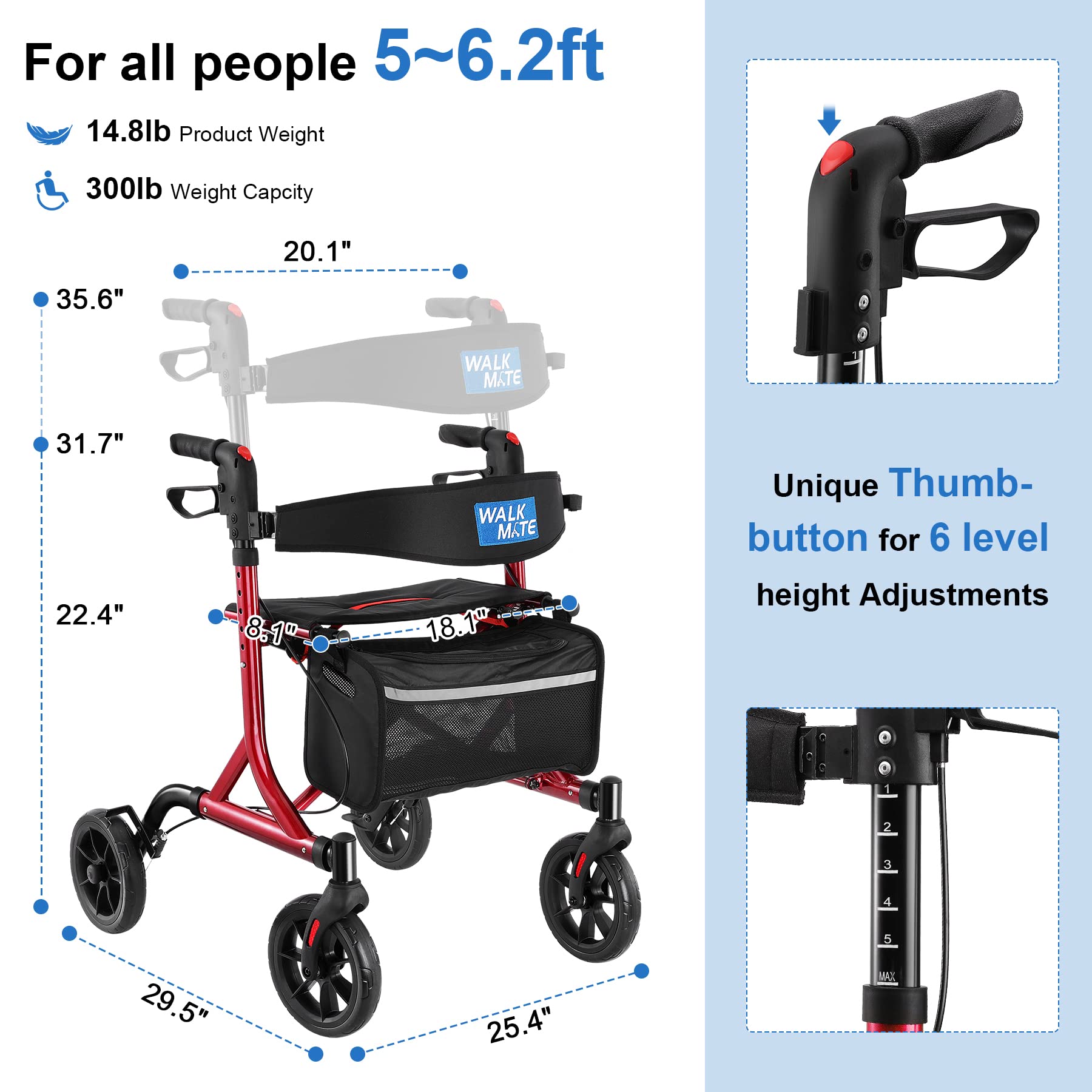 WALK MATE Rollator Walker for Seniors with Cup Holder, Upgraded Thumb Press Button for Height Adjustment, 4 x 8 Wheels Walker with Seat Padded Backrest Folding Lightweight Walking Aid, Red