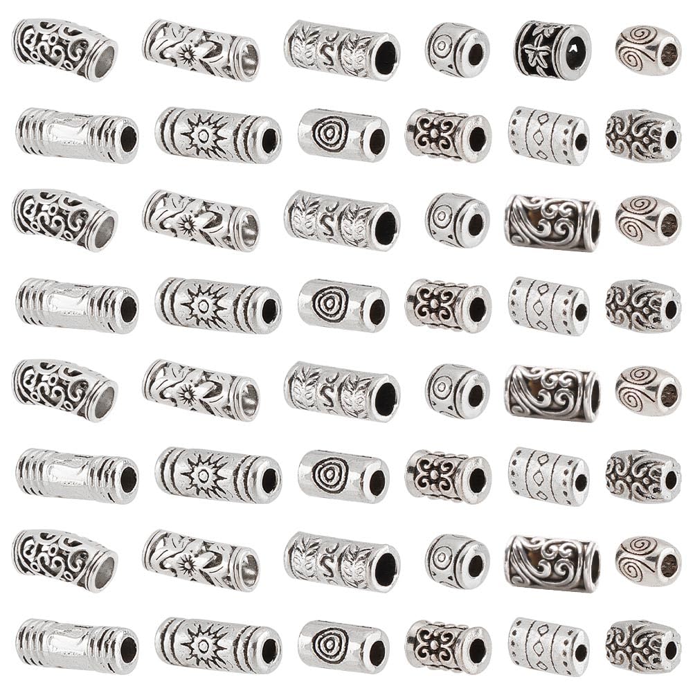 PH PandaHall 120Pcs 12 Styles Tibetan Spacer Beads, Round Tube Charm Beads Large Hole Beads Charms Assorted Column Spacer Bead Tibetan Silver Tube Bead for Bracelet Necklace Jewellery Making Crafts