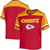 NFL Kids Youth 8-20 Officially Licensed Team Color Wordmark Primary Logo Victory Stripe V-Neck Jersey T-Shirt