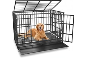 KOKOTANGS 54/48/42/38 Inch Heavy Duty Dog Crate Cage with Wheels, Indestructible and Escape Proof Steel Kennel Indoor for High Anxiety Dogs with Sturdy Locks, Double Door and Tray, Extra Large XL XXL