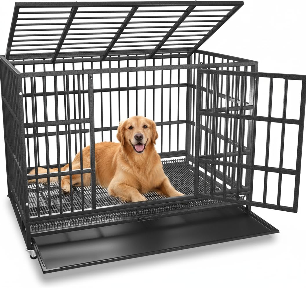 Photo 1 of ***FACTORY SEALED***KOKOTANGS 48 Inch Heavy Duty Dog Crate Cage with Wheels, Indestructible and Escape Proof Steel Kennel Indoor for High Anxiety Dogs with Sturdy Locks, Double Door and Tray, Extra Large XL XXL