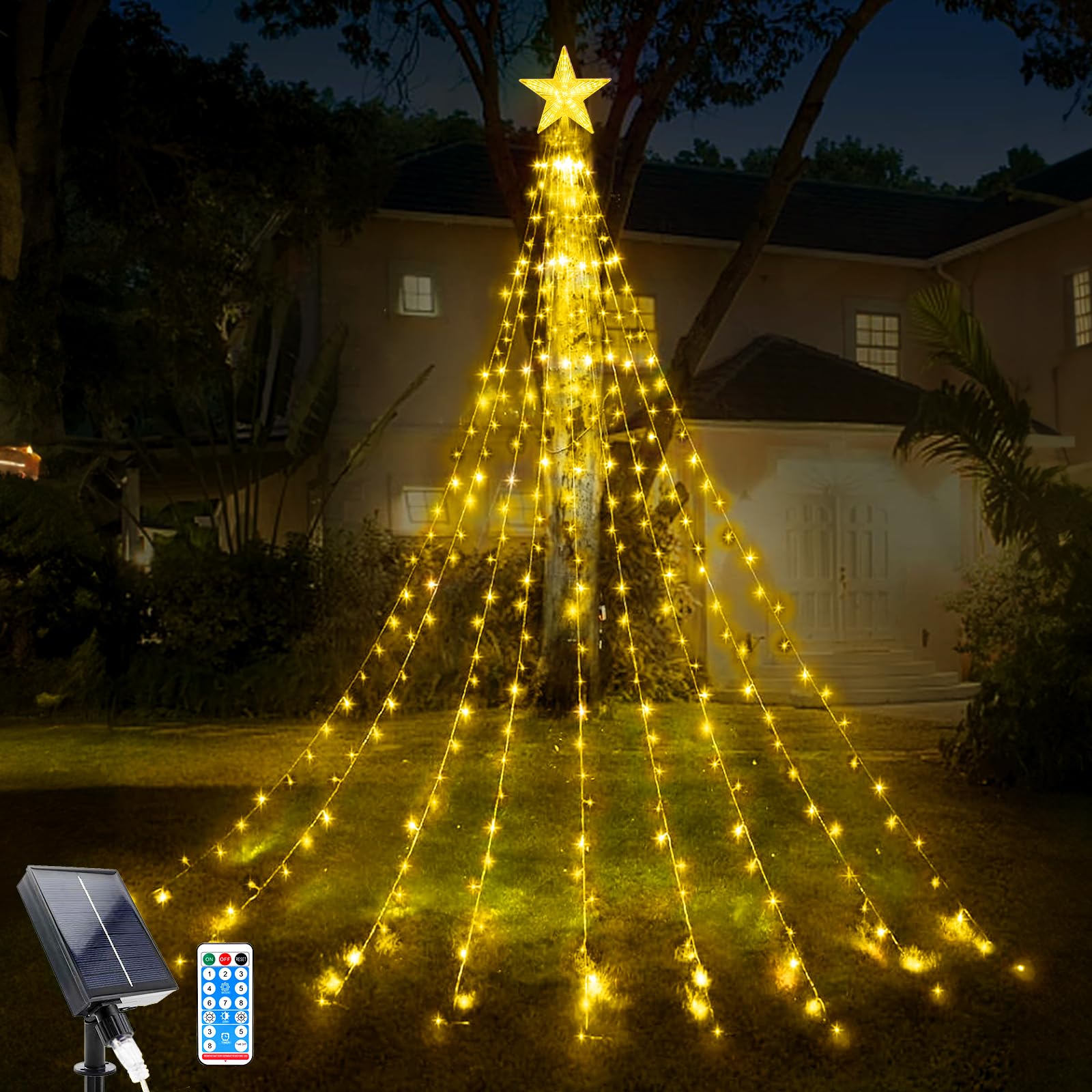 WoskjXas Christmas Tree Waterfall Lights, 2m/ 6.56ft x 9 Lines Solar String Light with Topper Star and Remote, 198 LEDs Waterproof Fairy Lights with 8 Lighting Modes for Indoor Outdoor Xmas Decor