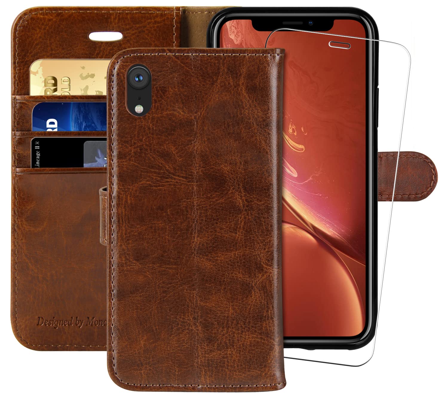 iPhone XR Wallet Case,6.1-inch,MONASAY [Glass Screen Protector Included] Flip Folio Leather Cell Phone Cover with Credit Card Holder for Apple iPhone XR,Brown — image 1