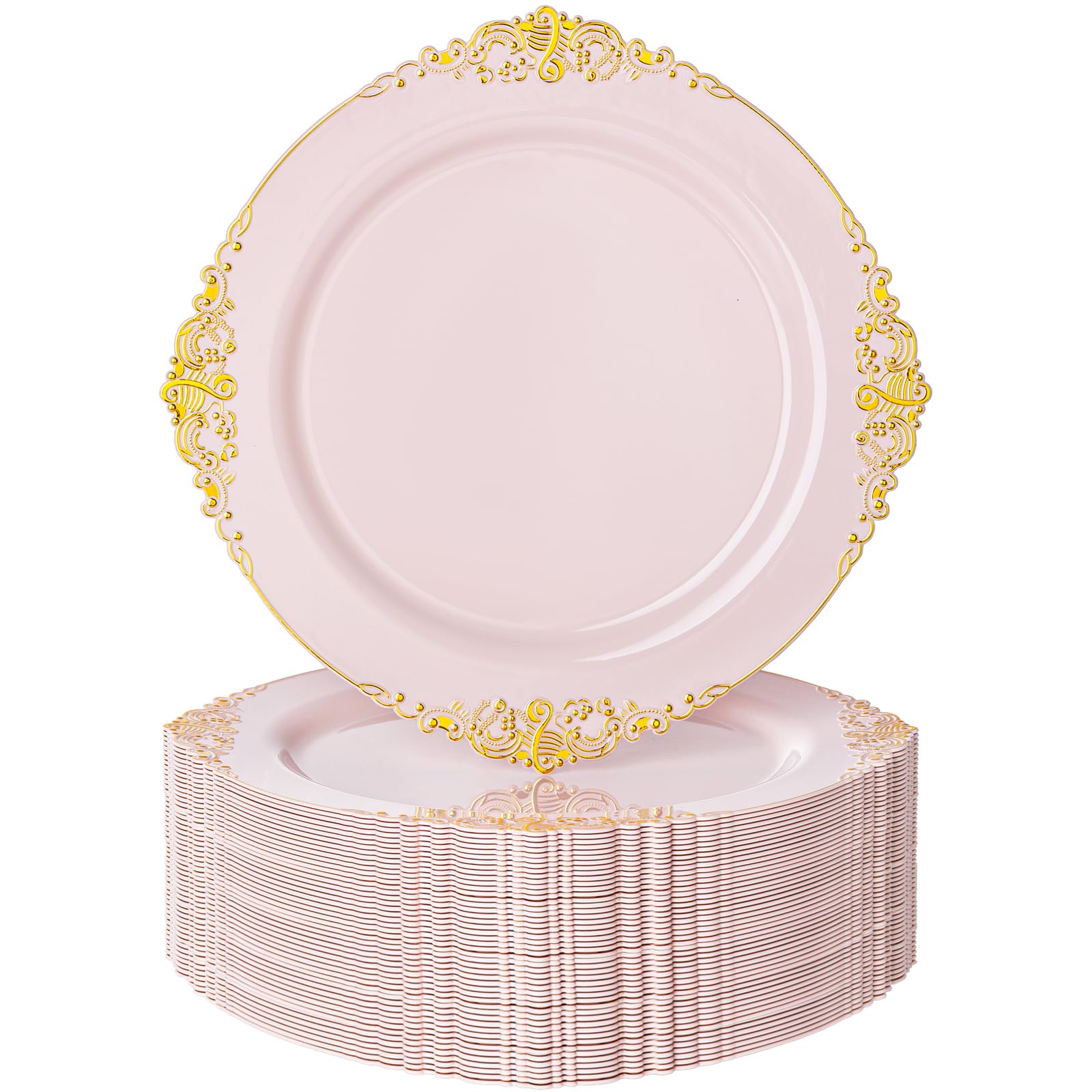 Photo 1 of Nervure 100PCS Pink and Gold Plastic Plates - 10.25Inch Pink Disposable Plates - Plastic Dinner Plate for Weddings & Parties & New Year
