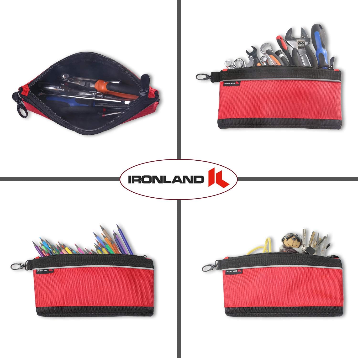 IRONLAND Utility Bag, 4 Pack Zipper Tool Bags Waterproof Heavy Duty in Blue, Grey, Red, Black 1680D Tool Pouch (7/9/10/12 Inch) - - 