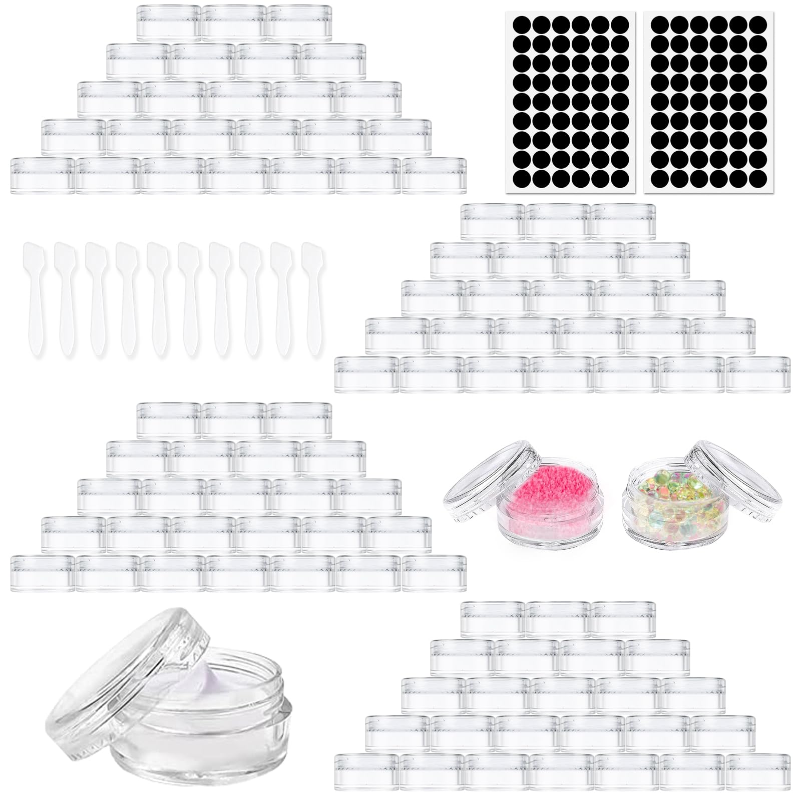 UZSUZZ 100 Pcs Cosmetic Sample Containers, 3ml/3g Empty Plastic Cosmetic Jars with Clear Lids, Mini Sample Pots for Cosmetics With Spatulas Labels, Travel Pots for Cream, Lip, Sample, Make-Up Storage