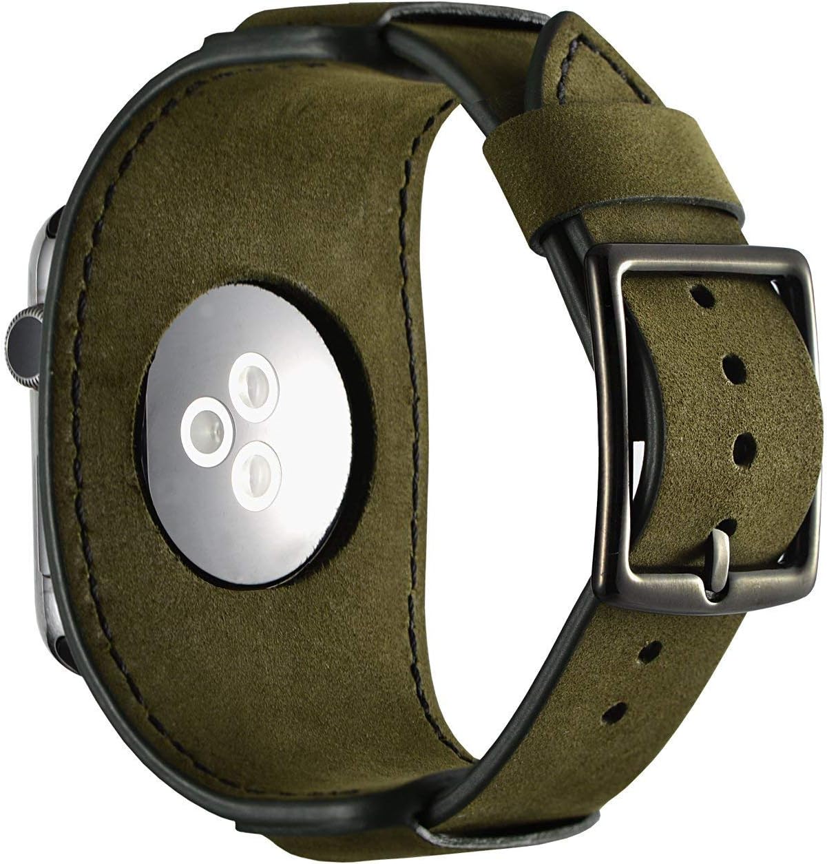 Leotop Unisex-Adults Genuine Leather Cuff Replacement Bracelets with Stainless Steel Clasp for iWatch Series 44/42mm Green - Image 4