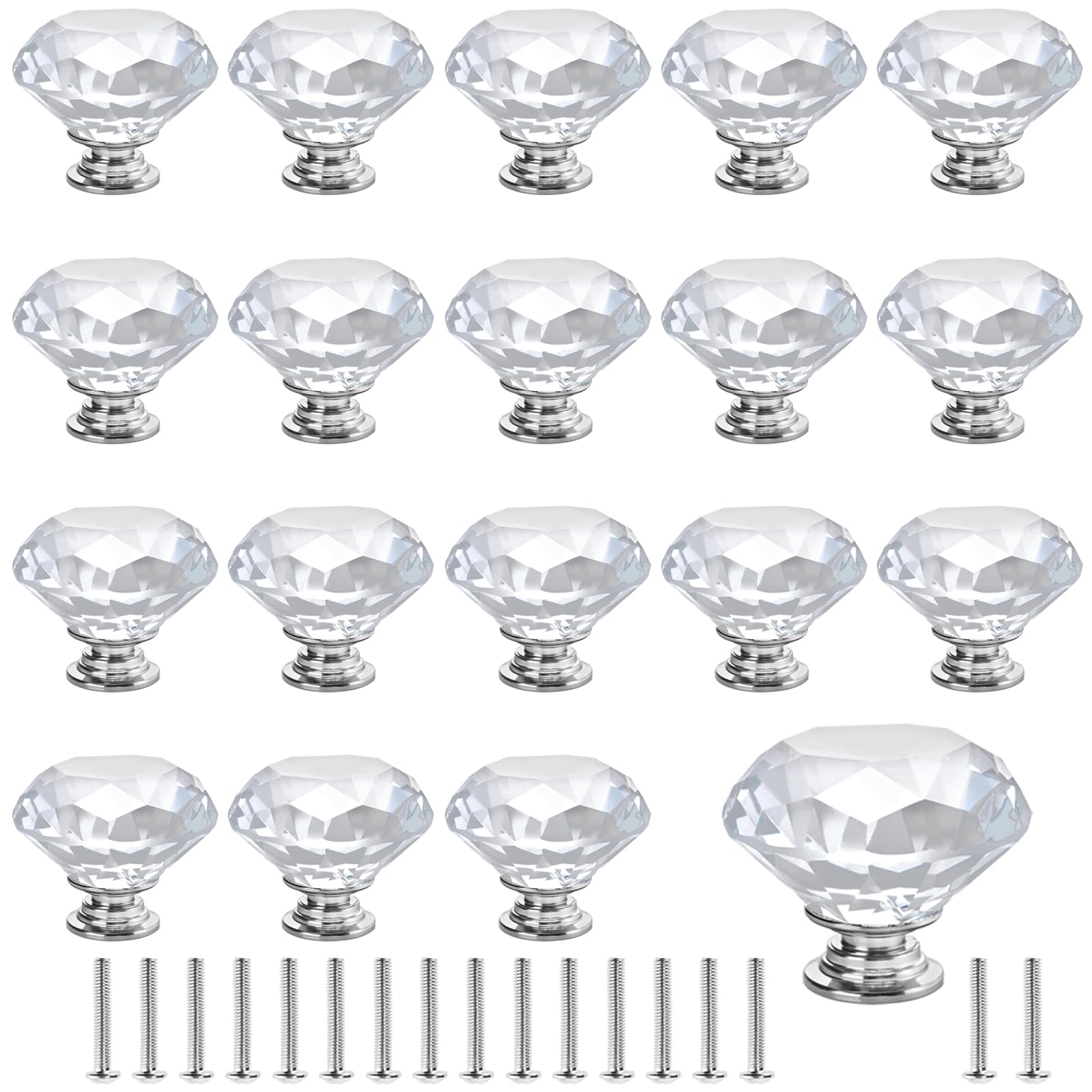 MAKTSAM 20PCS Clear Crystal Door Knobs, 40 mm Glass Door Drawer Knobs, K9 Crystal Diamond Handles for Cabinets, Drawers, Doors