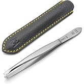 GERMANIKURE Slanted Tweezers, Precision German Steel, Leather Case | German Tweezer Made in Solingen For Eyebrows &amp; Facial Hair, Trusted by Professionals, Great for Men &amp; Women