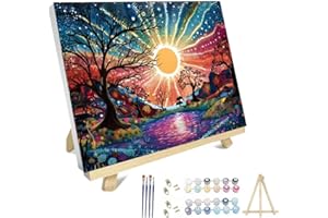 hyzsj Paint by Numbers Kit for Adults with Frame, Sun Paint by Numbers for Adults, Tree River Paint by Number with Easel, DIY Paint by Number Kits for Home Wall Decor （11.8x15.7inch ）