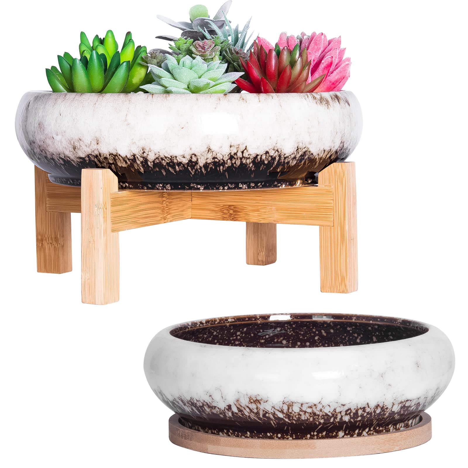 ARTKETTY Plant Pots Indoor - 18.5/25 CM Large Bonsai Pots with Trays Set of 2, Colorful Succulent Plant Pots Ceramic Pots for Cactus Plants Garden Decorative Flower Pot