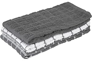Ritz Premium 100% Cotton Terry Check Kitchen Dish Towels - Highly Absorbent, Super Soft, Long-Lasting, 25"x15", 3-Pack, Gray