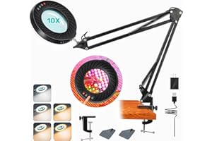 VUEJIC 10X Magnifying Glass with Light,Real Glass 5 Color Modes Stepless Dimmable Lighted Magnifier,Upgrade Button Real Glass Lens Magnifier lamp with Light and Stand for Close Work,Reading,Hobbies, Crafts.