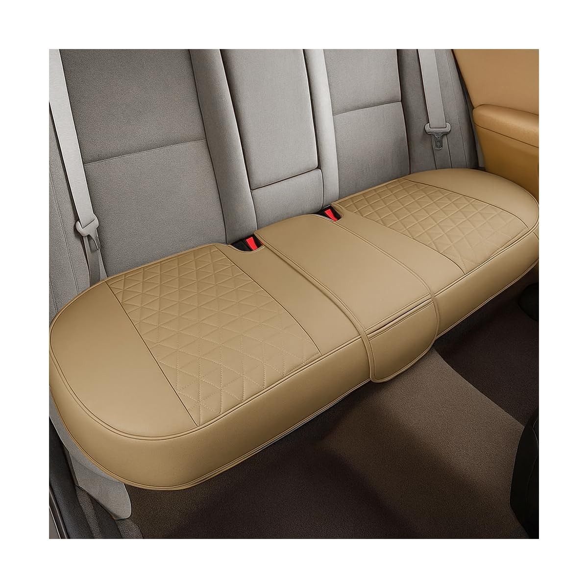 Photo 1 of KHGUZ Leather Car Seat Cover, Vehicle Rear Bottom Seat Protector Pad, Full Surrounded Waterproof Auto Seat Protective Cushion with Storage Pocket, Universal Fit?Beige?