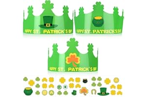 Atiloy 30 Pcs St. Patrick's Day Crown Crafts Kit for Kids Classroom, Adjustable Cute Shamrock Paper Crown with 30 Pcs Green Hat Gold Coins Pot Stickers for St Patricks Day Party Favors Supplies