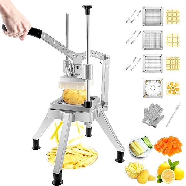 VEVOR COMMERCIAL VEGETABLE CHOPPER W/ 4 REPLACEMENT BLADES, STAINLESS STEEL FRENCH FRY CUTTER POTATO DICER & FRUIT SLICER FOR RESTAURANTS & HOME KITCHEN