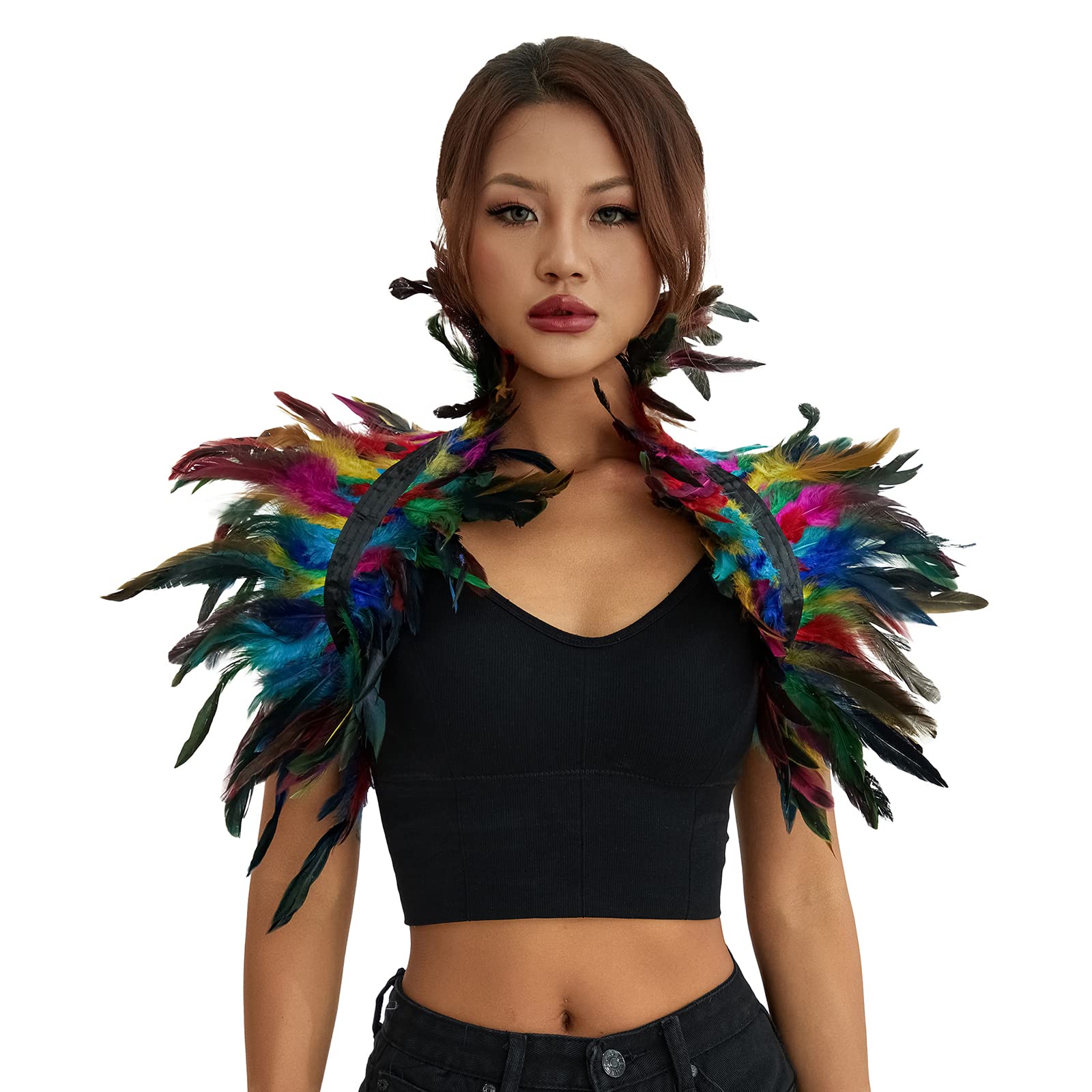 ESSECMBS Womens Natural Feather Cape Costume Gothic Lacing Shawl Shrug Collar Feather Cloak for Halloween Cosplay Christmas Party (Colorful, Standard)