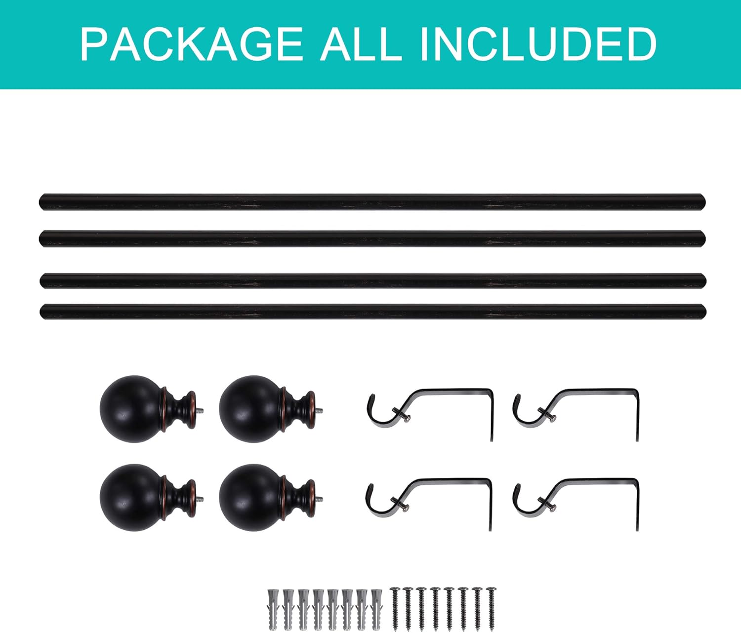 Decorative Curtain Rod with Round Finials for Windows 28 to 48-inch Single Window Treatment Rod Set with Classic Finial 3/4 Inch Diameter 2848 Black，2 Pack: Home & Kitchen