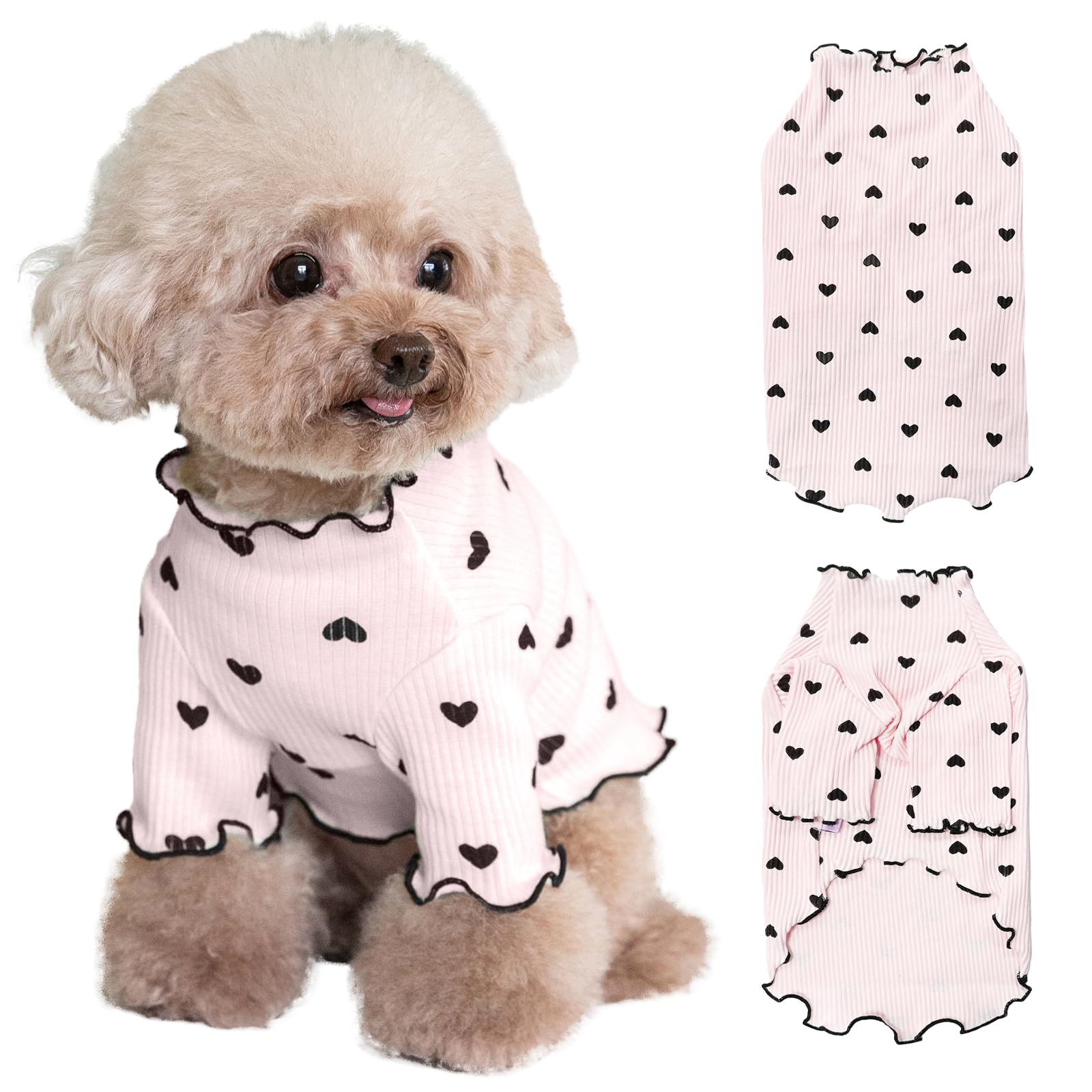 Yaopelky Pet Clothes for Small Dogs Cat Summer Fall Heart Print Shirt Stretchable Ruffle Long Sleeve Outfits for Chihuahua Schnauzer Shih Tzu Yorkie (Pink, M)