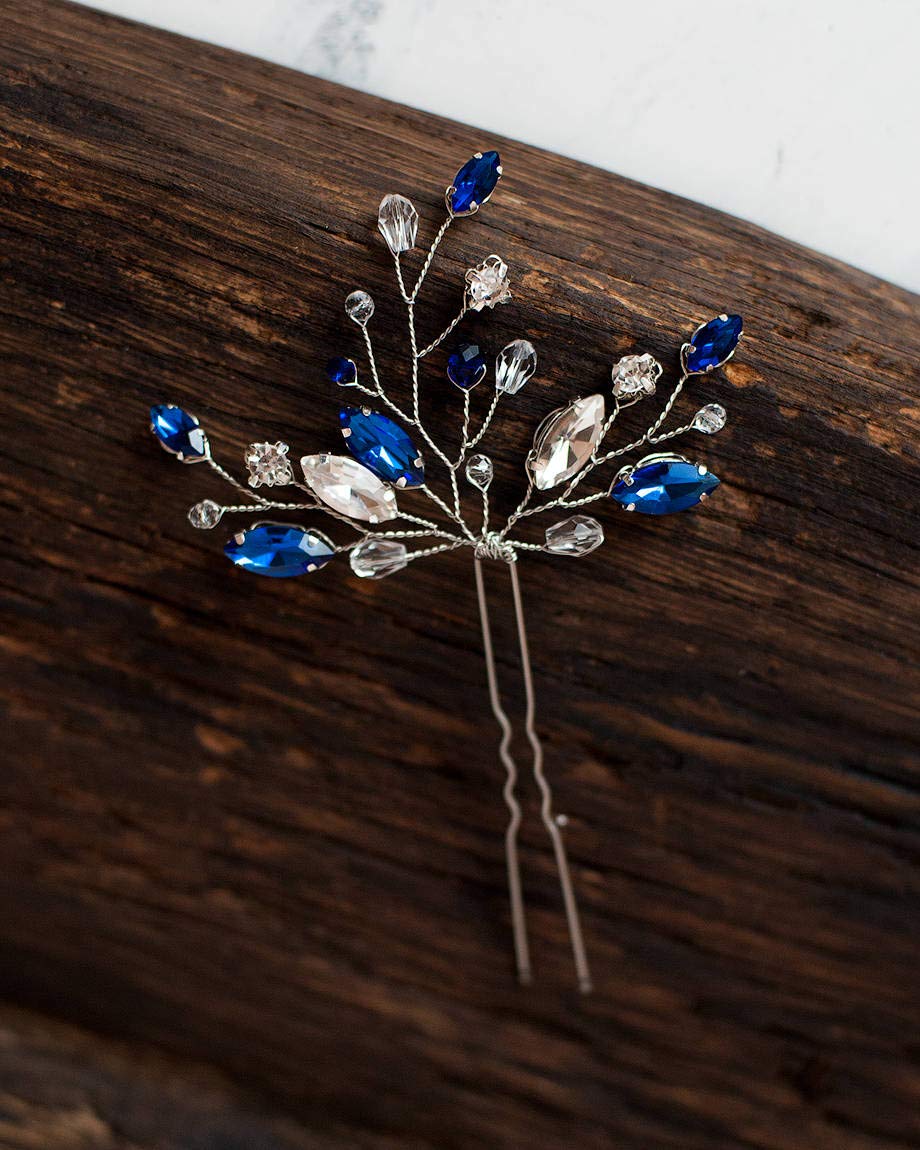 Kercisbeauty (Set of 2) Handmade Bridal Bridesmaids Flower Girl Pink Champagne Rose Gold Pearl Beads Hair Pins Headpiece for Wedding and Party (Silver) (Blue) : Beauty