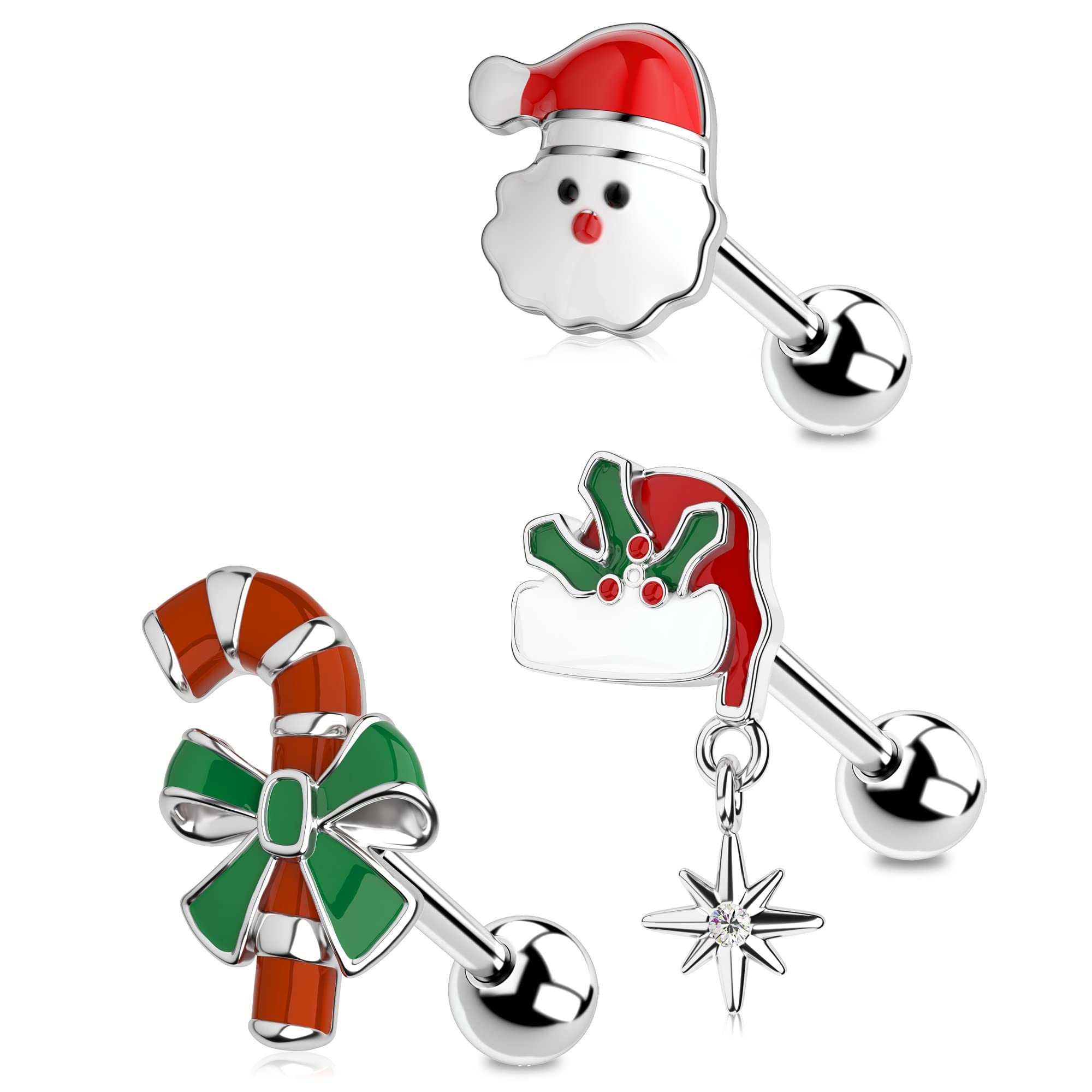 OUFER 16G 3pcs Christmas Helix Studs Pack Tragus Piercing Jewellery Cartilage Ear Piercing Conch Ring Earring for Top of Ear Forward Helix Cartlidge Earrings Women Gifts