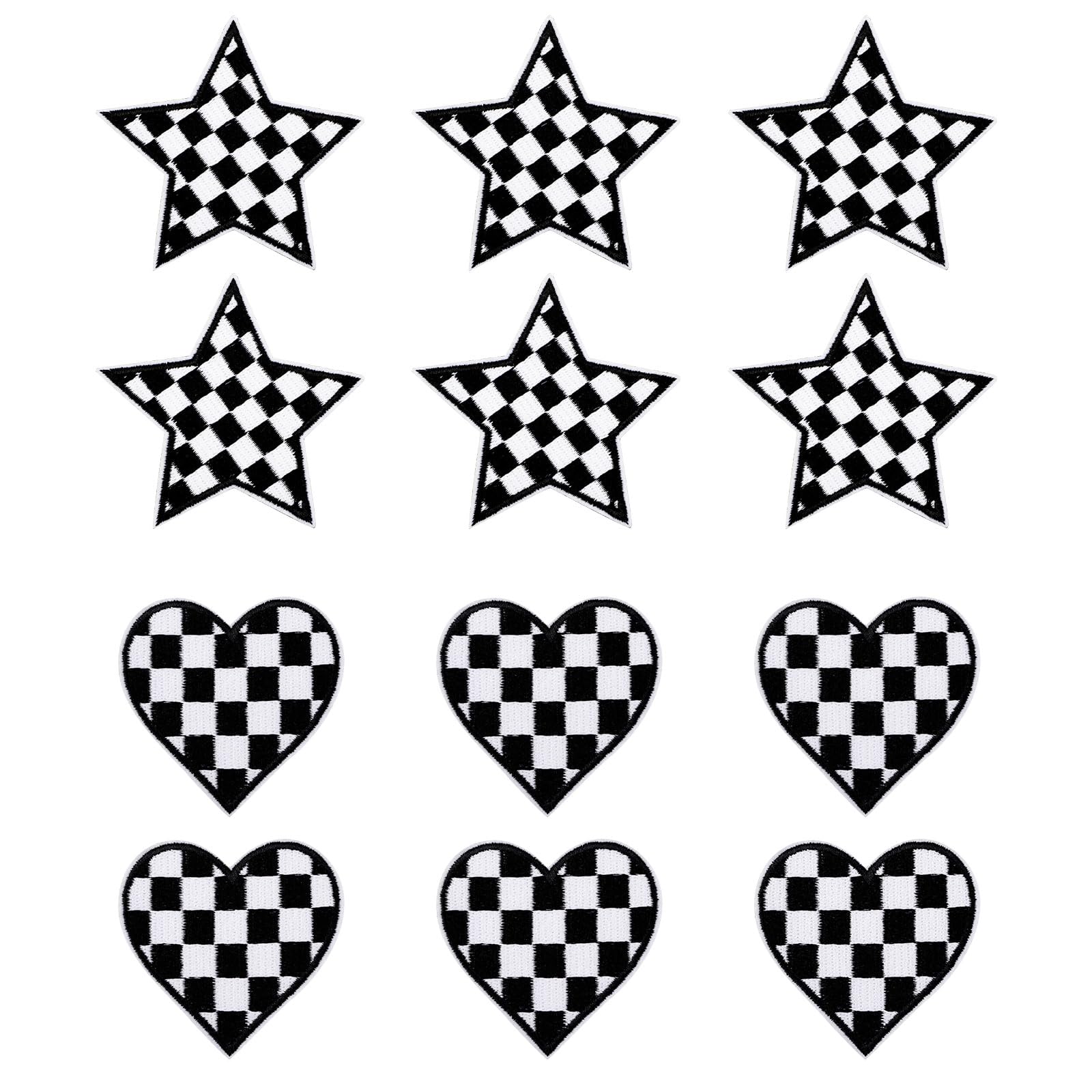 Photo 1 of 12pcs Racing Patches, Classic Black White Decorative Iron On Patches Embroidered Checkered Patches Appliques for Clothes, Jeans, Backpacks, Hats (Heart + Star)