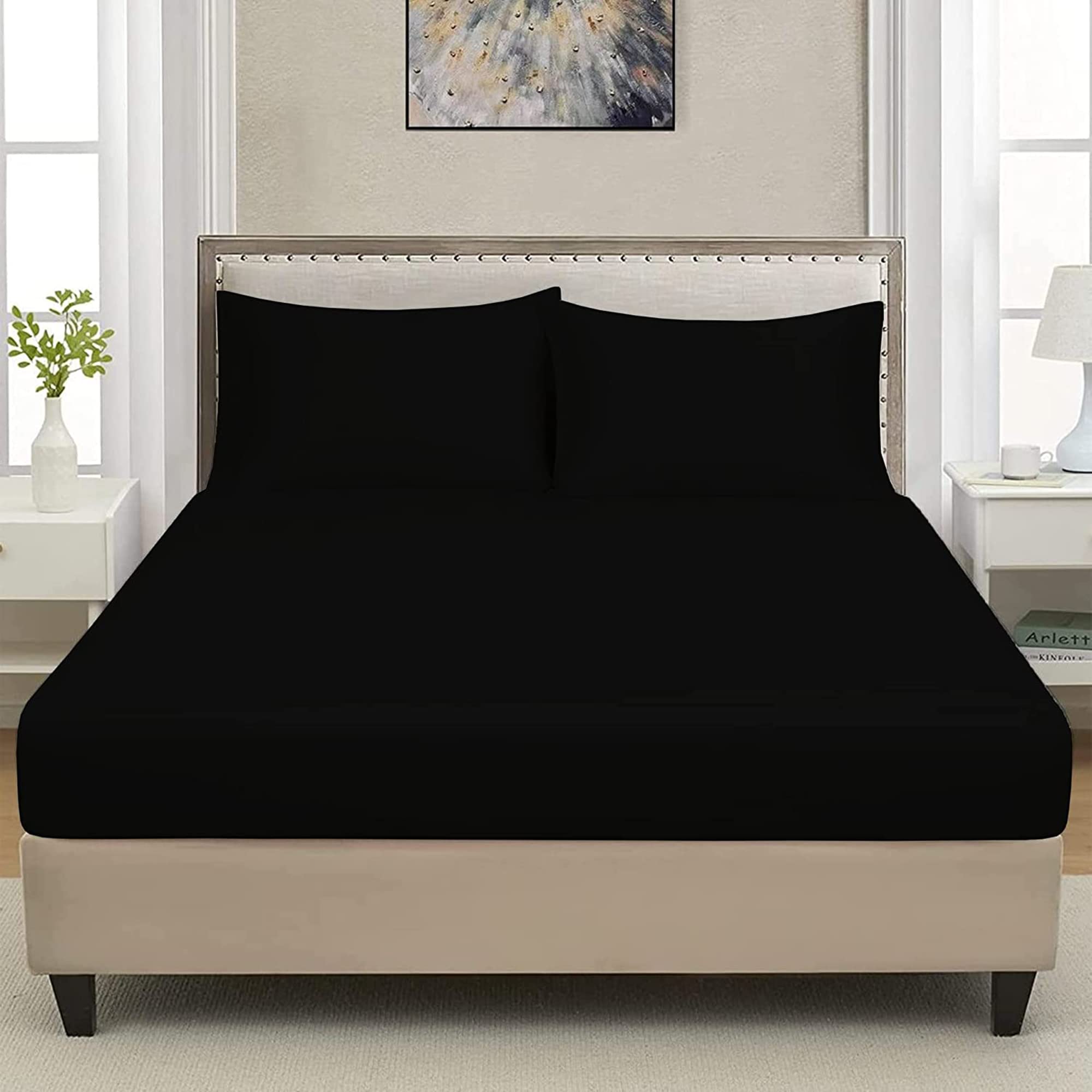 Extra Deep Luxuary Fitted Sheet 25cm Mattress Sheets 50% Cotton 50% Polyester By JRI® (Double, Black) — image 1