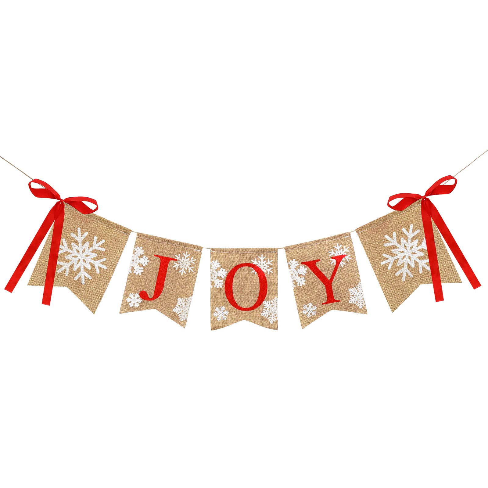Whaline Christmas Burlap Banner Joy Bunting Flag Snowflake Banner with Ribbon Bows Rustic Hanging Banner Garland for Christmas Winter Holiday New Year Party Mantel Fireplace Decoration Supplies