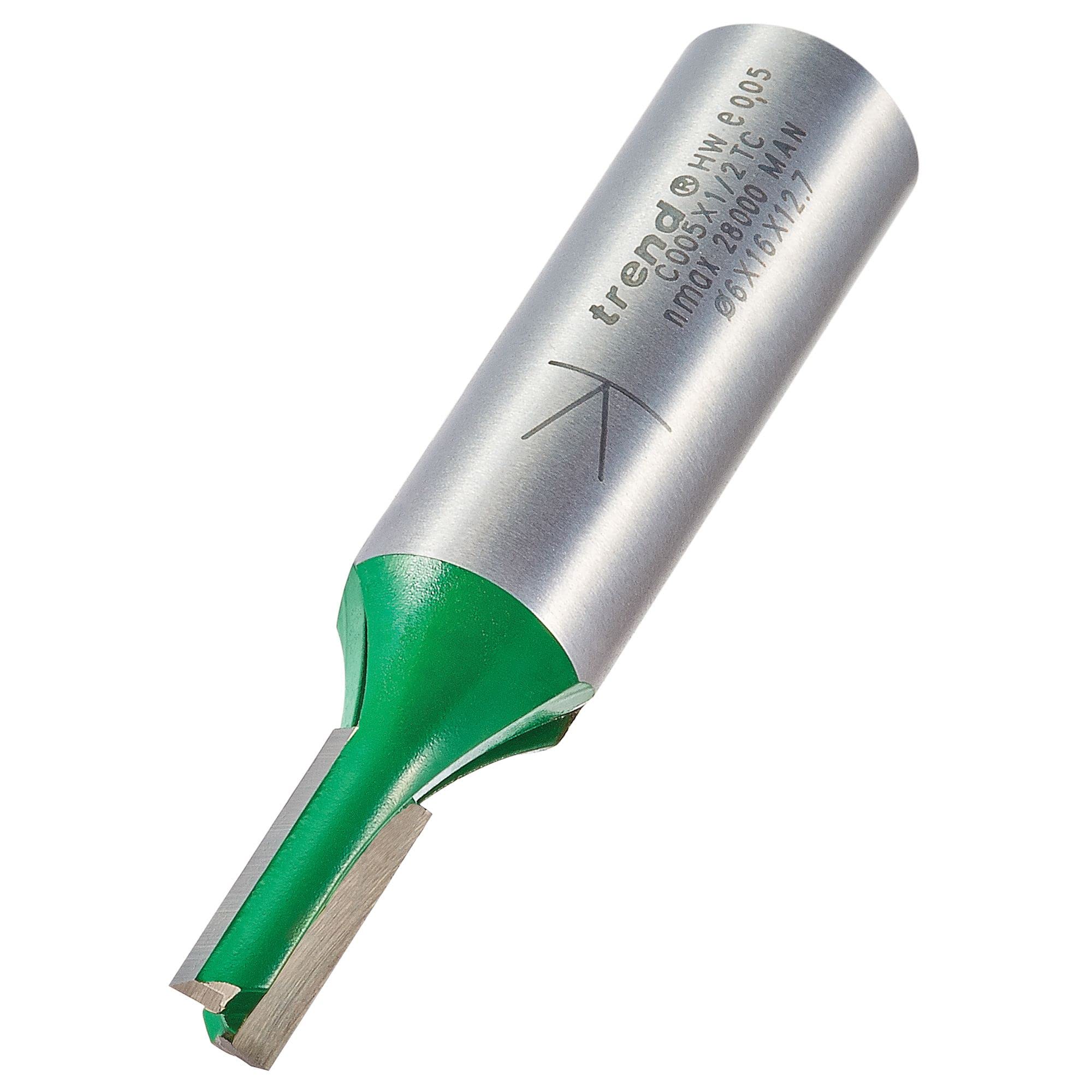 Trend CraftPro Straight Two Flute Router Cutter Bit, 1/2 Inch Shank, 6mm Cut Diameter & 16mm Cut Length, Tungsten Carbide Tipped, C005X1/2TC