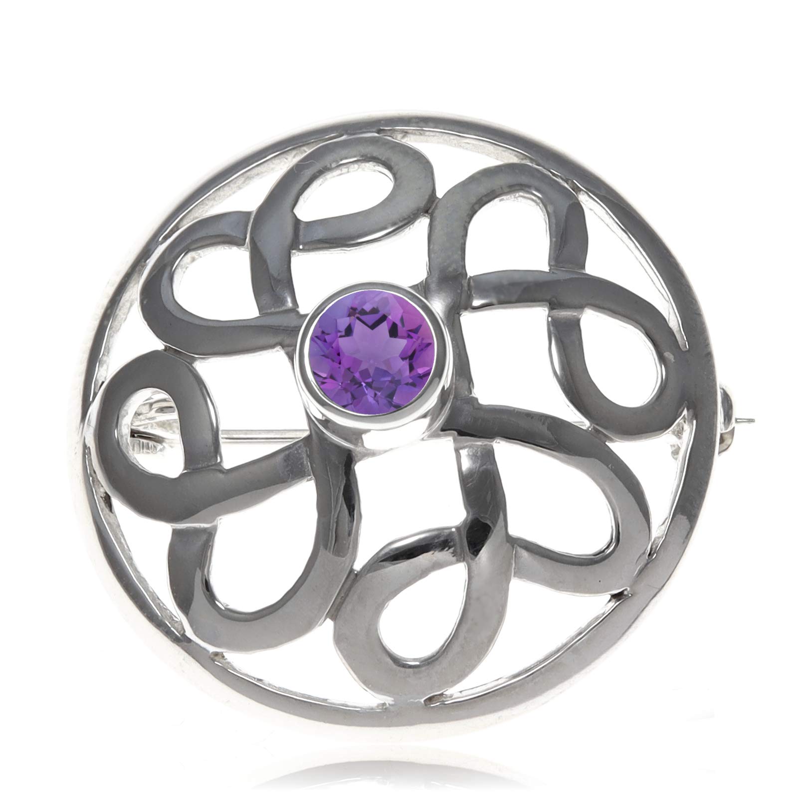 Alexander Castle 925 Sterling Silver Celtic Brooch for Women - Ladies Brooch Pin with Purple Cubic Zirconia & Jewellery Gift Box - 28mm