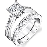 Bonndorf 4.3 Carats Sterling Silver Cubic Zirconia Bridal Set Engagement Wedding Ring Bands Princess Cut