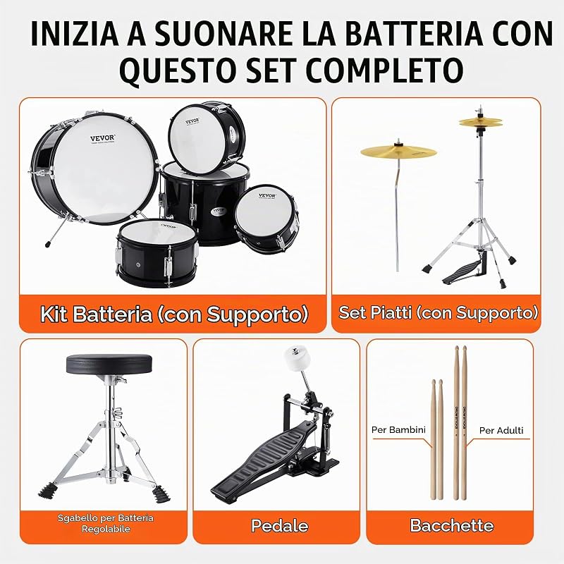 Kit di Batteria per Bambini, Set Completo per Principianti, 5 Pezzi, Kit con Basso Tom, Rullante, Trono, Piatto, Pedale Hi-Hat e Due Paia di Bacchette, Kit Tamburo Principianti 40,64 cm, Nero