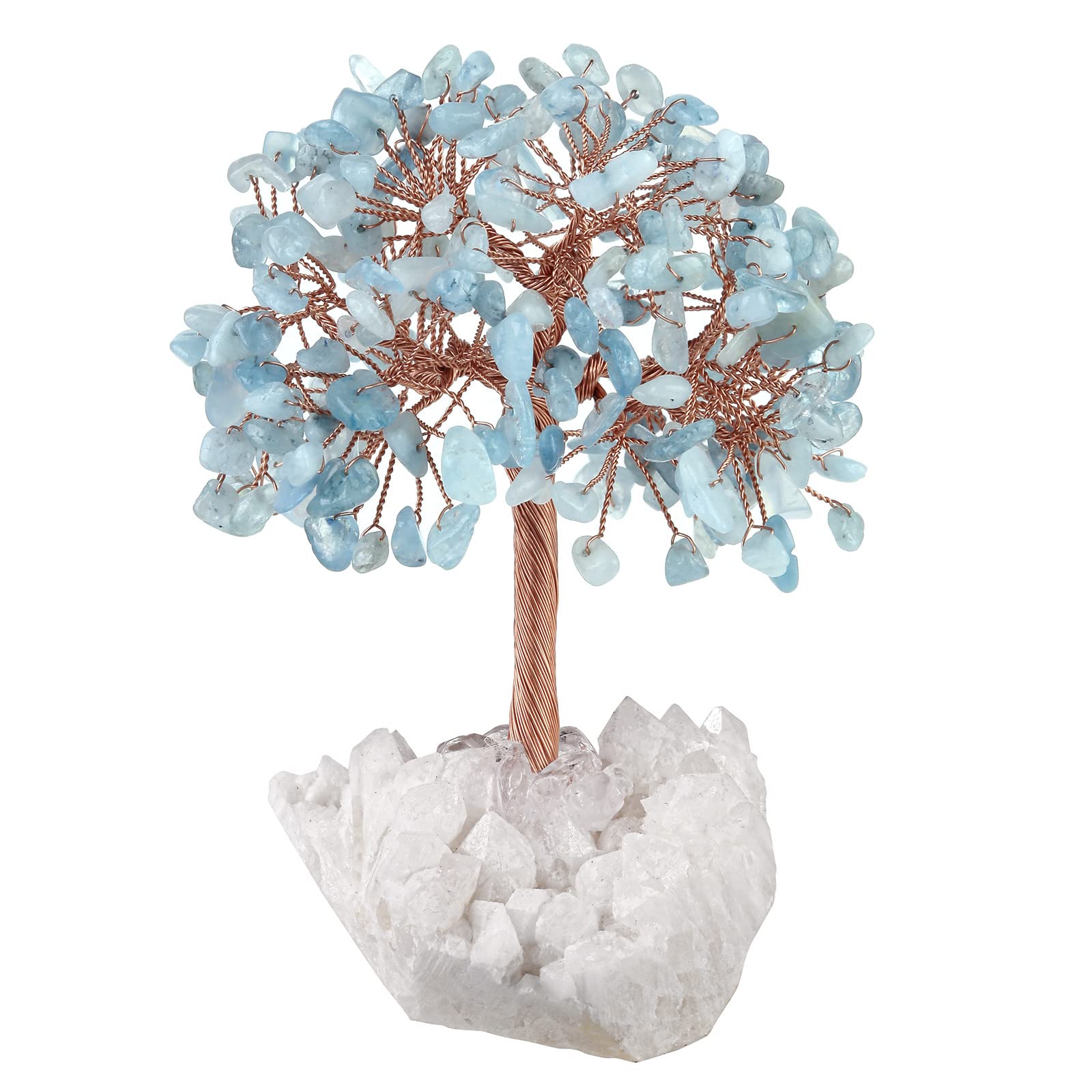 mookaitedecor Natural Blue Aquamarine Crystal Tree of Life Ornament for Home, Reiki Healing Crystal Money Tree Stone Bonsai Tree with Clear Quartz Base Feng Shui Ornament Gift for Wealth Good Luck