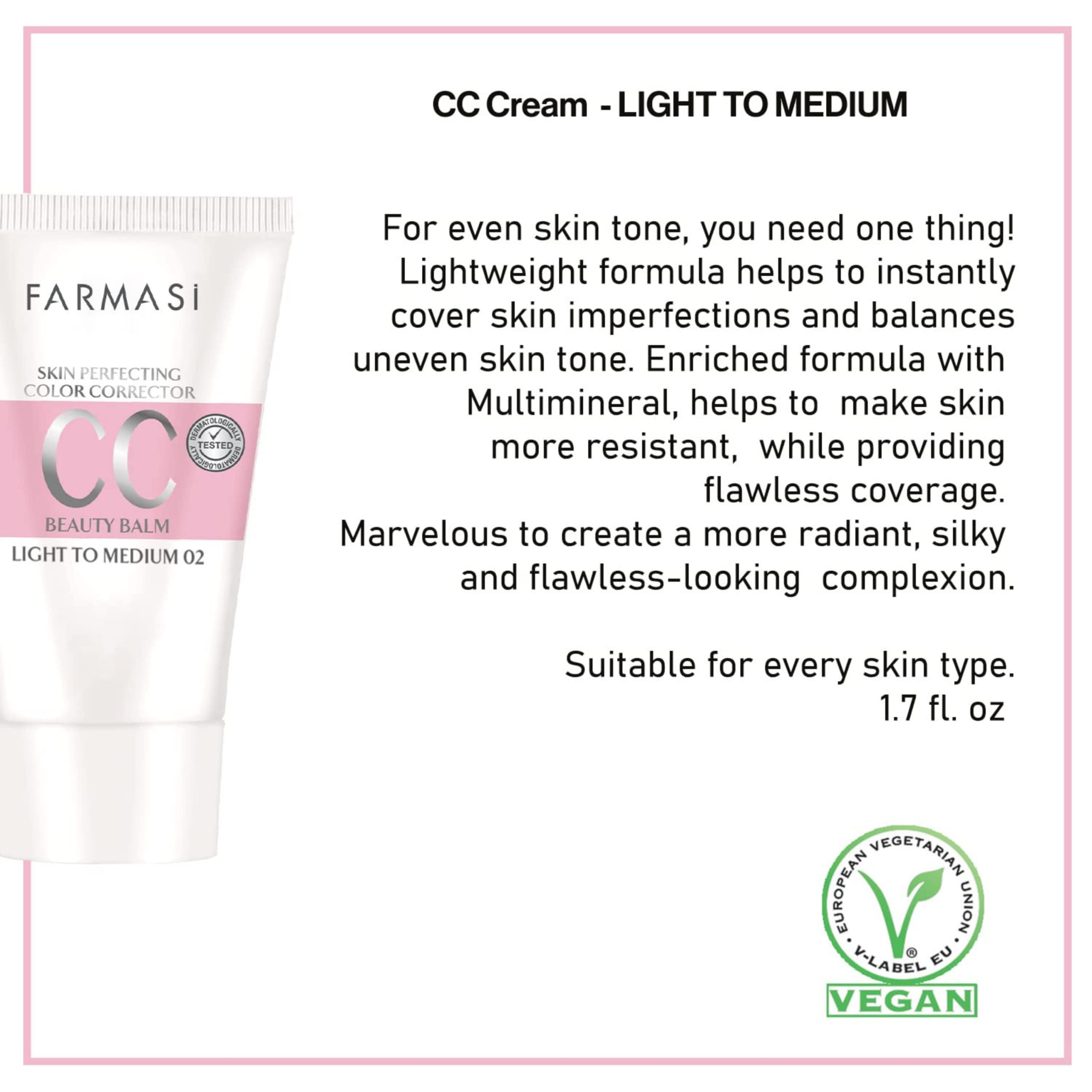 FARMASi CC Color Control Cream, Natural and Flawless Finish, Enriched Formula with Multimineral & Spf 25+, All-Day Hold, All Skin Types, 1.7 fl. oz, Light to Medium