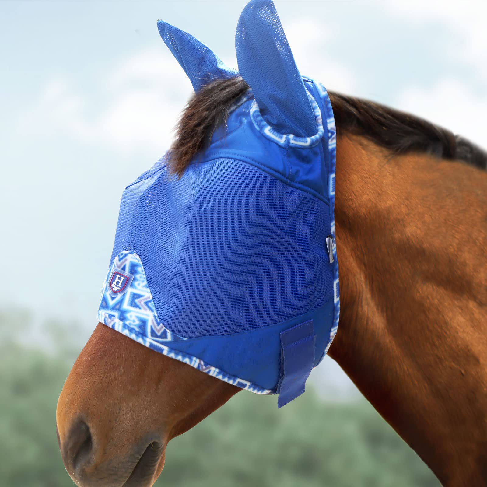 Harrison Howard Horse Fly Mask Half Face with Ears Fleece Edging with Attractive Patterns Adds More Flair Signature Blue Horse Large